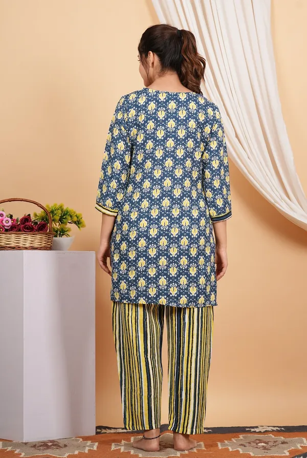 Dark_Blue_Yellow_Cotton_Printed_Short_Kurta_Pant_Set_For_Women