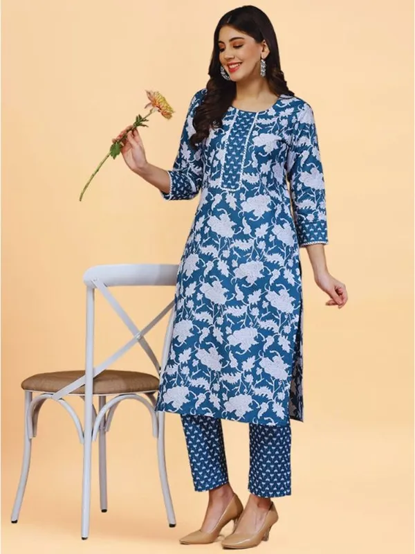 Blue_Cotton_Straight_Kurta_Pant_Set_For_Women