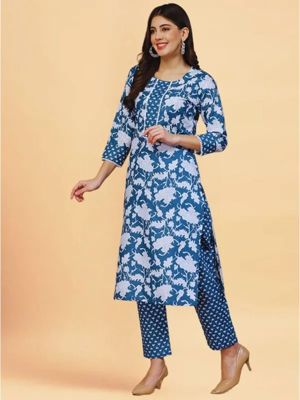 Blue_Cotton_Straight_Kurta_Pant_Set_For_Women