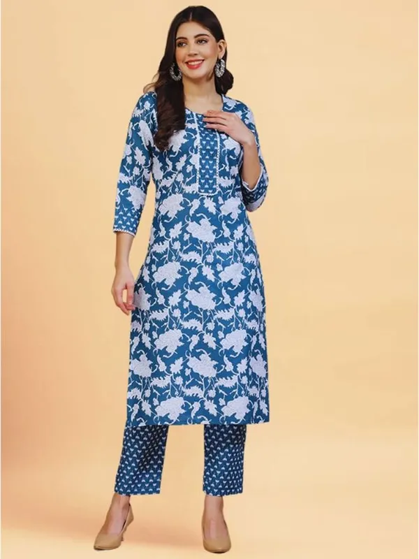 Blue_Cotton_Straight_Kurta_Pant_Set_For_Women