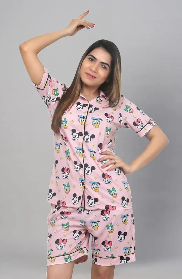Women_Pink_Printed_Shirt_And_Shorts_Set