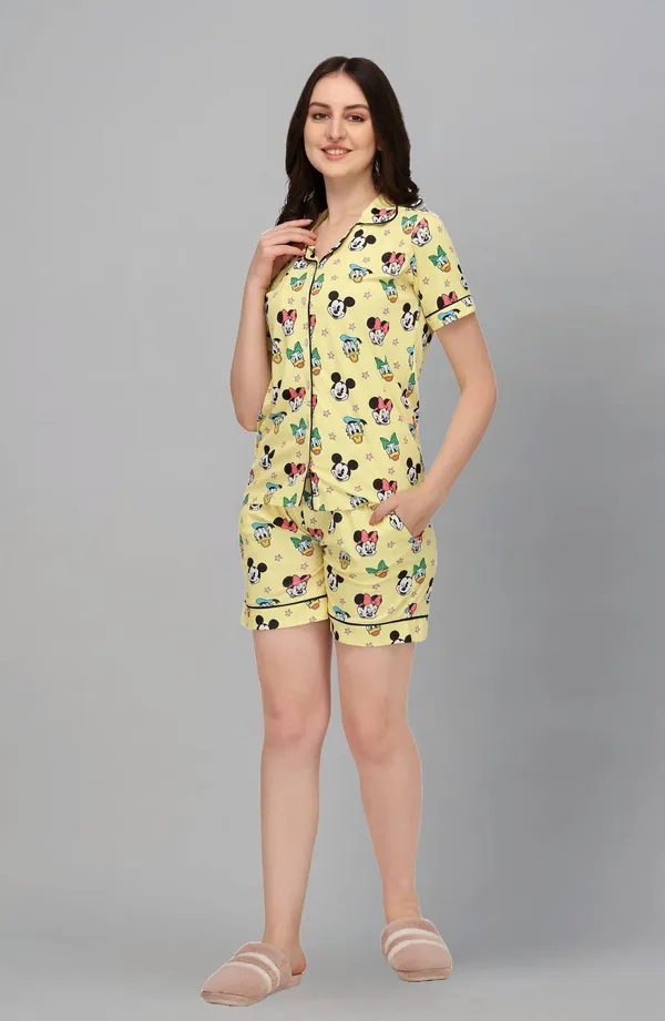 Women_Yellow_Printed_Shirt_And_Shorts_Set