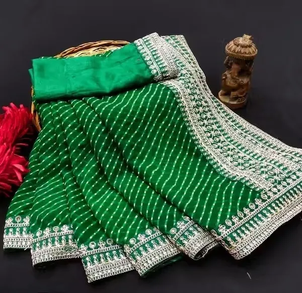 Dark_Green_Georgette_Striped_Bollywood_Saree_For_Women