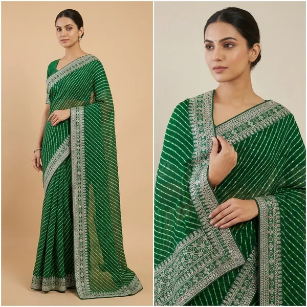 Dark_Green_Georgette_Striped_Bollywood_Saree_For_Women