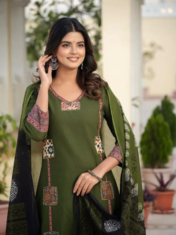 JaipuriSilk_Olive_Green_Printed_Kurta_Pant_Set_with_Designer_Dupatta_for_Women