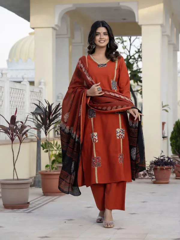 JaipuriSilk_Rust_Orange_Printed_Kurta_Pant_Dupatta_Set_for_Women