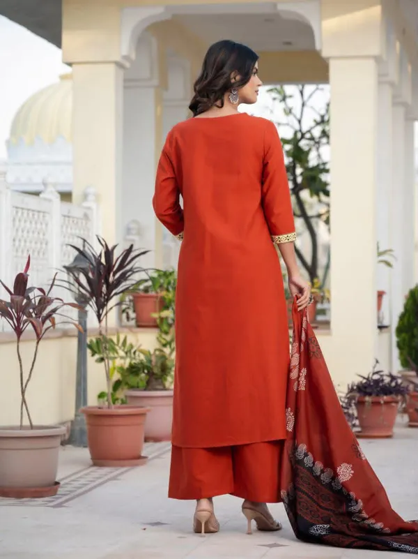 JaipuriSilk_Rust_Orange_Printed_Kurta_Pant_Dupatta_Set_for_Women