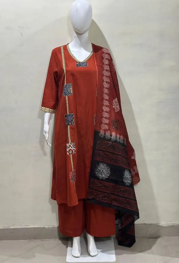 JaipuriSilk_Rust_Orange_Printed_Kurta_Pant_Dupatta_Set_for_Women