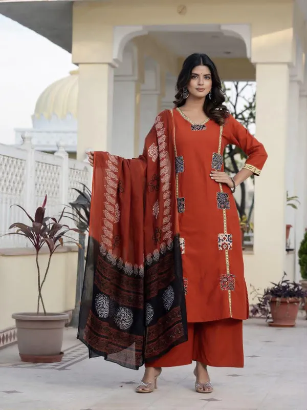 JaipuriSilk_Rust_Orange_Printed_Kurta_Pant_Dupatta_Set_for_Women
