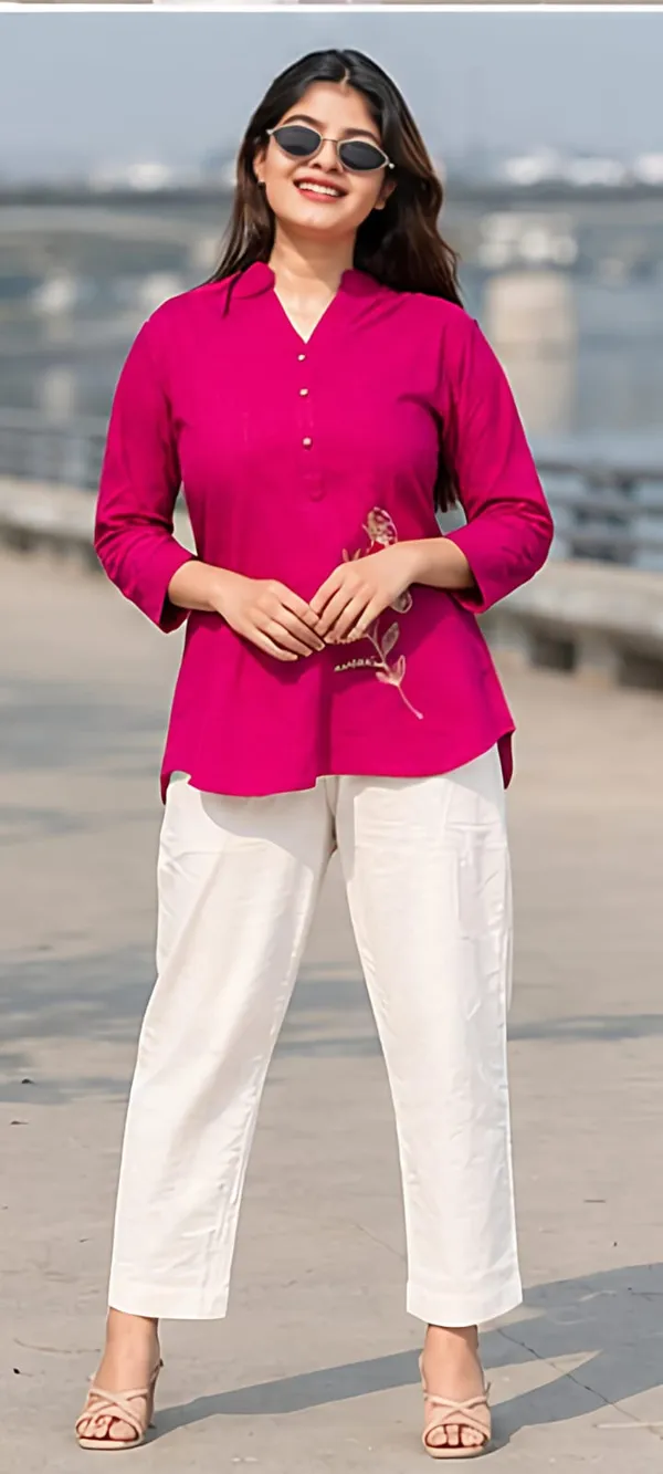JaipuriSilk_Women’s_Elegant_Magenta_Pink_Floral_Embroidered_Kurti_|_Stylish_V-Neck_Long_Sleeve_Casual_&_Festive_Wear