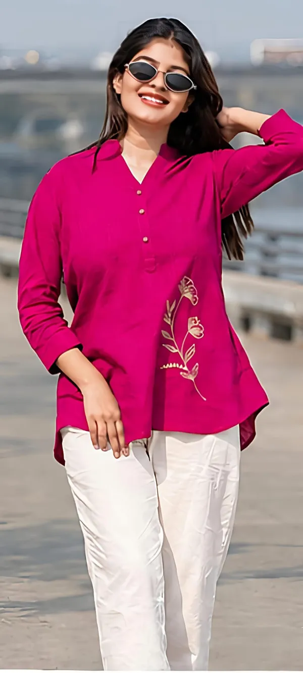 JaipuriSilk_Women’s_Elegant_Magenta_Pink_Floral_Embroidered_Kurti_|_Stylish_V-Neck_Long_Sleeve_Casual_&_Festive_Wear