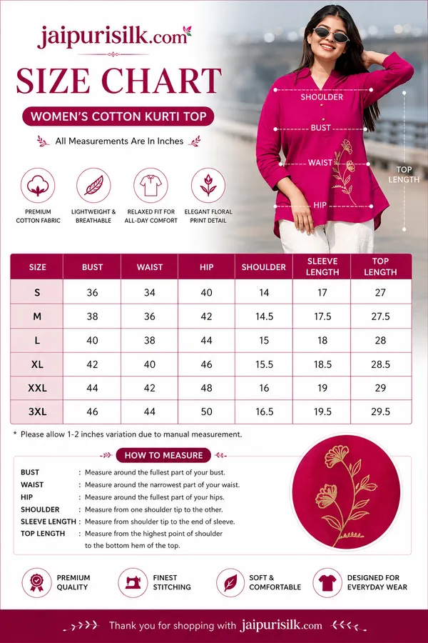 JaipuriSilk_Women’s_Elegant_Magenta_Pink_Floral_Embroidered_Kurti_|_Stylish_V-Neck_Long_Sleeve_Casual_&_Festive_Wear
