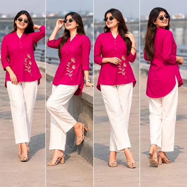 JaipuriSilk_Women’s_Elegant_Magenta_Pink_Floral_Embroidered_Kurti_|_Stylish_V-Neck_Long_Sleeve_Casual_&_Festive_Wear