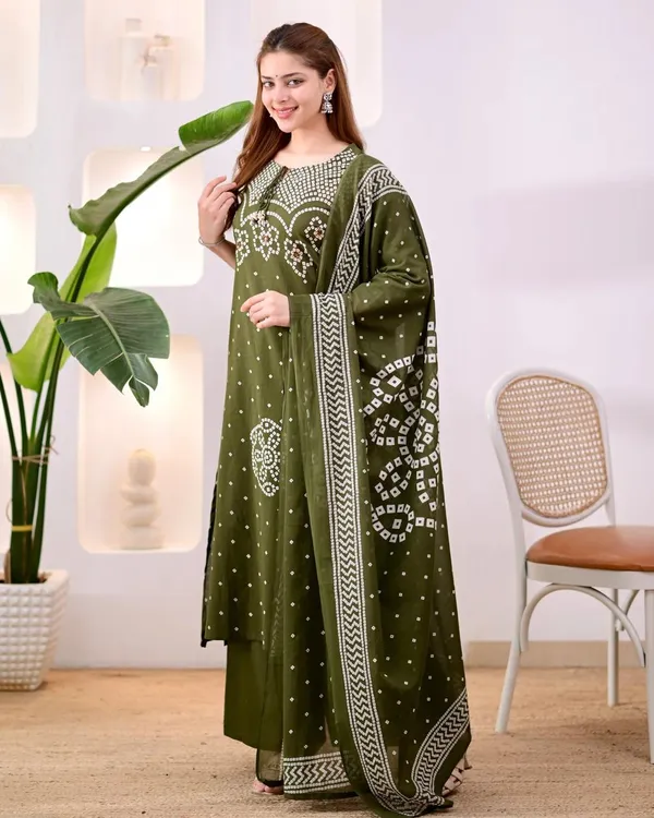 JaipuriSilk.com_Women's_Olive_Green_Bandhani_Printed_Cotton_Kurta_Pant_Set_with_Cotton_Dupatta_|_Traditional_Ethnic_Wear_|_Festive_&_Casual_Suit_Set