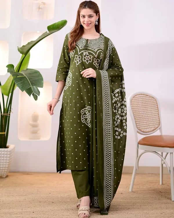 JaipuriSilk.com_Women's_Olive_Green_Bandhani_Printed_Cotton_Kurta_Pant_Set_with_Cotton_Dupatta_|_Traditional_Ethnic_Wear_|_Festive_&_Casual_Suit_Set
