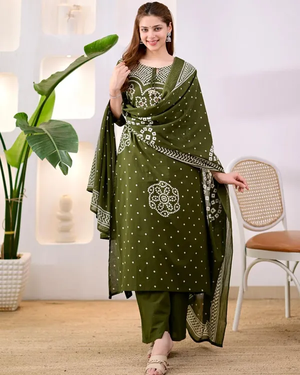 JaipuriSilk.com_Women's_Olive_Green_Bandhani_Printed_Cotton_Kurta_Pant_Set_with_Cotton_Dupatta_|_Traditional_Ethnic_Wear_|_Festive_&_Casual_Suit_Set
