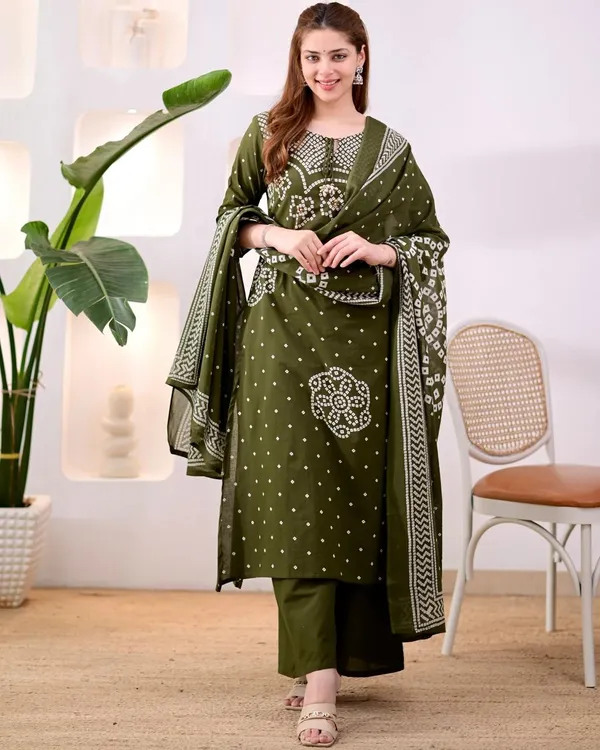 JaipuriSilk.com_Women's_Olive_Green_Bandhani_Printed_Cotton_Kurta_Pant_Set_with_Cotton_Dupatta_|_Traditional_Ethnic_Wear_|_Festive_&_Casual_Suit_Set