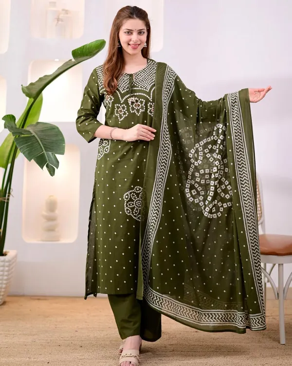 JaipuriSilk.com_Women's_Olive_Green_Bandhani_Printed_Cotton_Kurta_Pant_Set_with_Cotton_Dupatta_|_Traditional_Ethnic_Wear_|_Festive_&_Casual_Suit_Set
