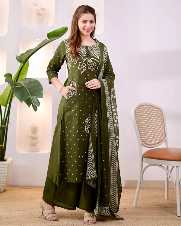 JaipuriSilk.com_Women's_Olive_Green_Bandhani_Printed_Cotton_Kurta_Pant_Set_with_Cotton_Dupatta_|_Traditional_Ethnic_Wear_|_Festive_&_Casual_Suit_Set