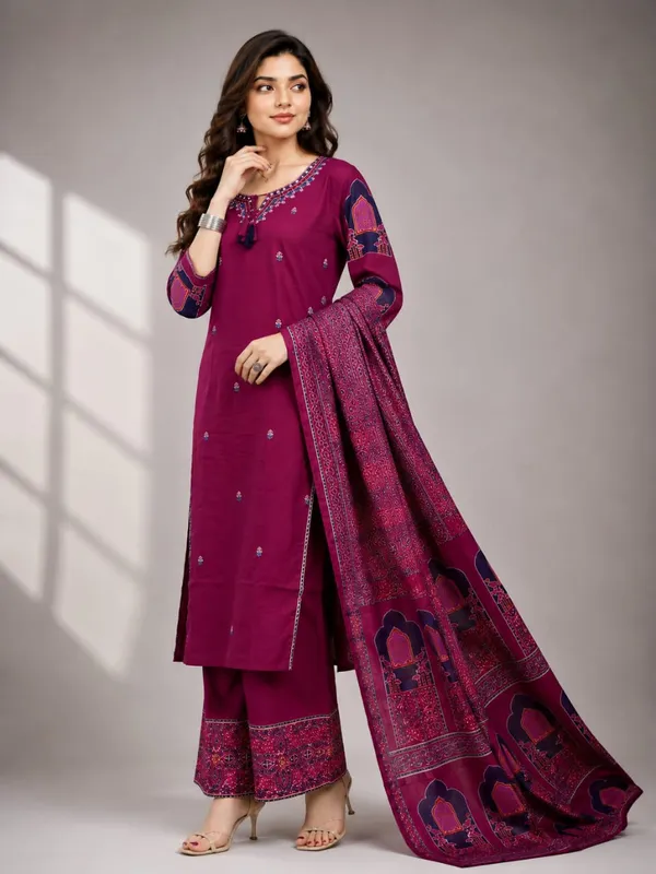 Women's_Magenta_Embroidered_Kurta_Set_with_Palazzo_&_Dupatta