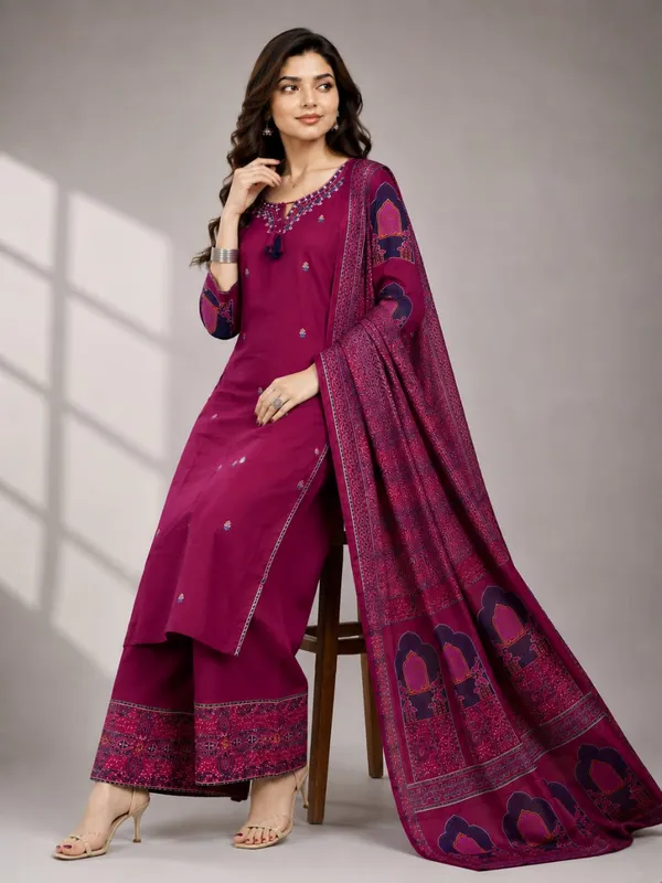 Women's_Magenta_Embroidered_Kurta_Set_with_Palazzo_&_Dupatta