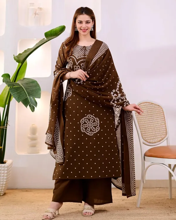 Women's_Brown_Bandhani_Print_Cotton_Kurta_Pant_&_Dupatta_Set_|_Traditional_Ethnic_Wear_|_3-Piece_Suit_Set
