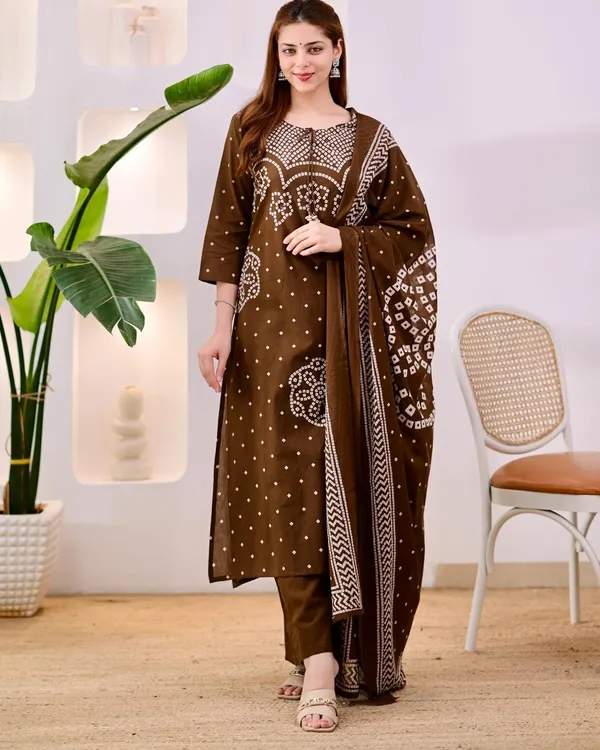Women's_Brown_Bandhani_Print_Cotton_Kurta_Pant_&_Dupatta_Set_|_Traditional_Ethnic_Wear_|_3-Piece_Suit_Set