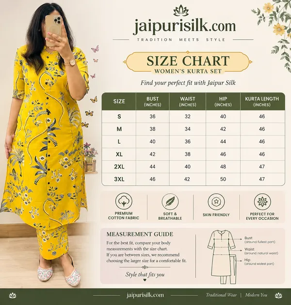 Women’s_Yellow_Floral_Printed_Kurta_Pant_Set_|_Elegant_Straight_Kurta_with_Printed_Pant_|_3/4_Sleeve_Ethnic_Wear_Set_|_Jaipurisilk.com