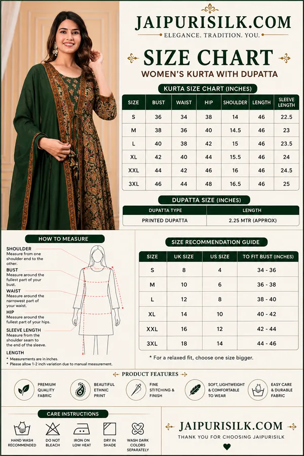 JaipuriSilk_Women’s_Dark_Green_Floral_Printed_Kurta_with_Dupatta_|_Elegant_Ethnic_Wear