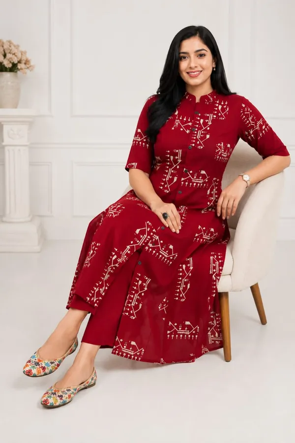 jaipuriSilk_Women’s_Maroon_Printed_A-Line_Kurta_Set_with_Straight_Pants_|_Ethnic_Wear_for_Women