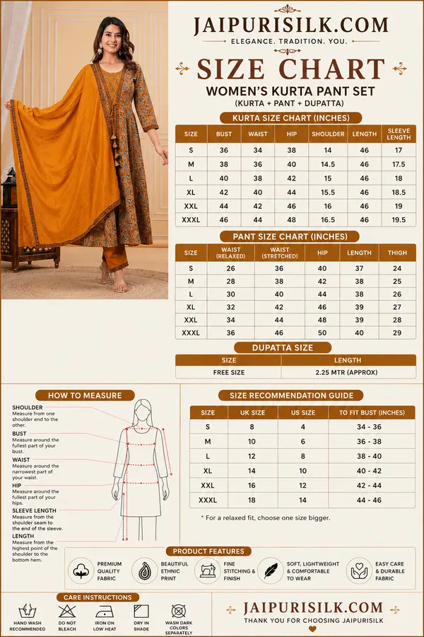JaipuriSilk_Women’s_Mustard_Orange_Floral_Printed_Kurta_Pant_Set_with_Dupatta_|_Elegant_Ethnic_Wear