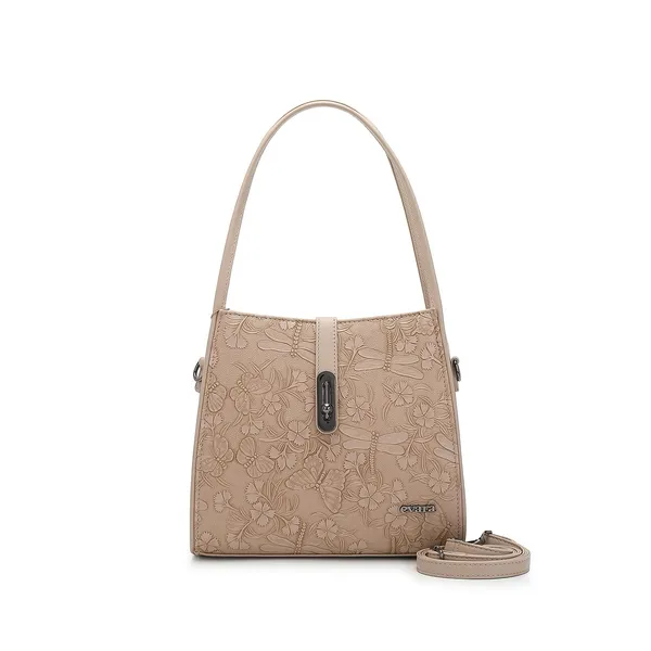 Beige_Embossed_Floral_Pattern_Shoulder_Bag_With_Detachable_Strap