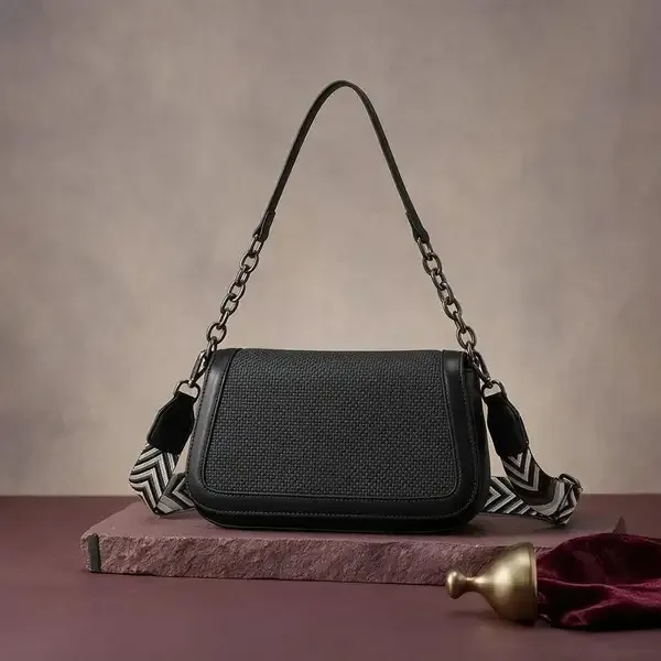Black_Textured_Flap_Shoulder_Bag_with_Chain_and_Chevron_Strap