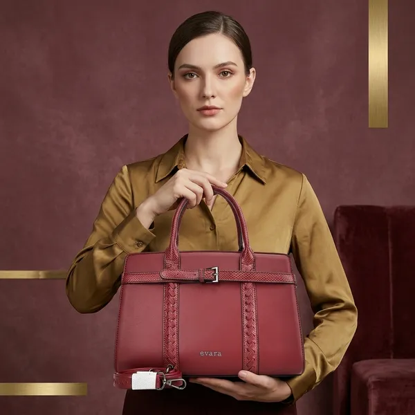 Maroon_Structured_Handbag_With_Braided_Detail_For_Women