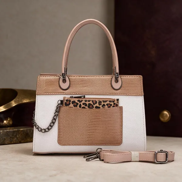 Beige_And_White_Textured_Tote_Handbag_With_Sling_Strap
