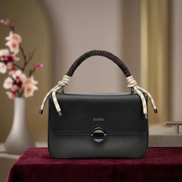 Evara_Black_Textured_Handbag_With_Braided_Handle