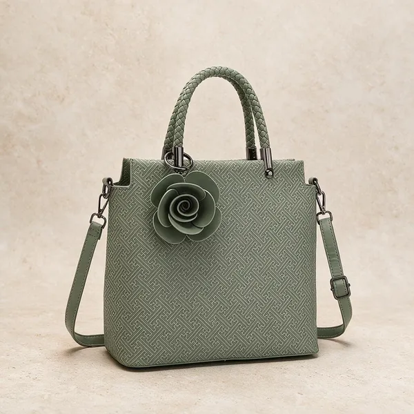 Green_Textured_Handbag_with_Floral_Charm_for_Women