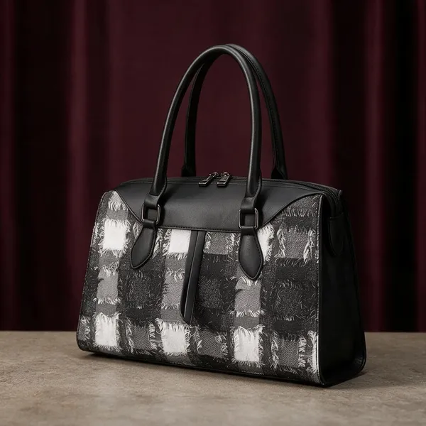 Black_Textured_Check_Pattern_Structured_Handbag_for_Women
