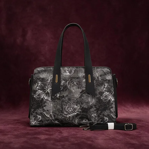 Black_Floral_Print_Leather_Handbag_with_Detachable_Strap