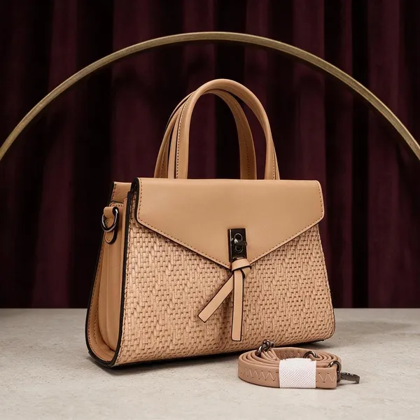 Tan_Woven_Textured_Satchel_Handbag_with_Detachable_Strap