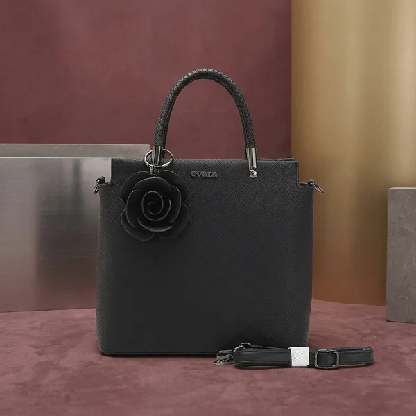 Black_Textured_Saffiano_Leather_Handbag_with_Floral_Charm