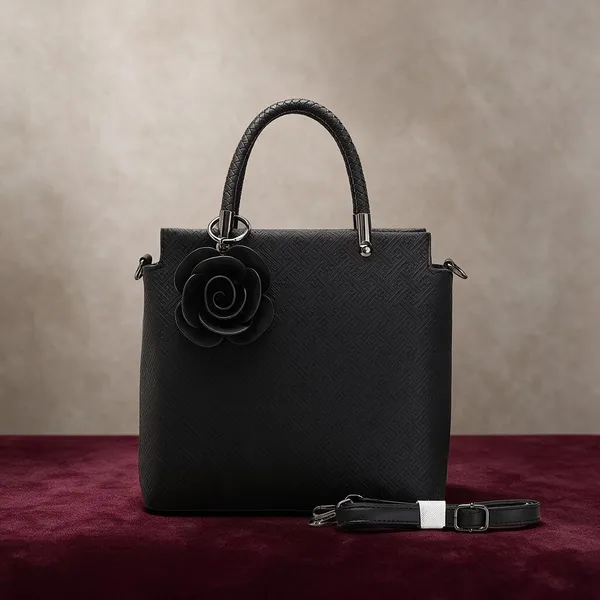 Black_Textured_Saffiano_Leather_Handbag_with_Floral_Charm