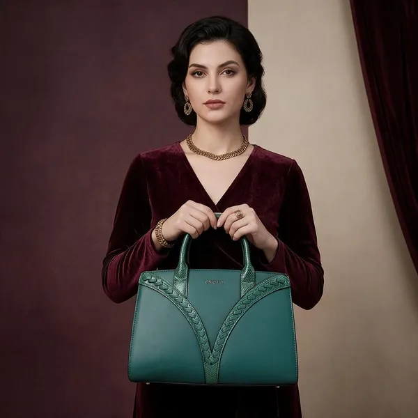 Green_Textured_Structured_Handbag_With_Detachable_Strap