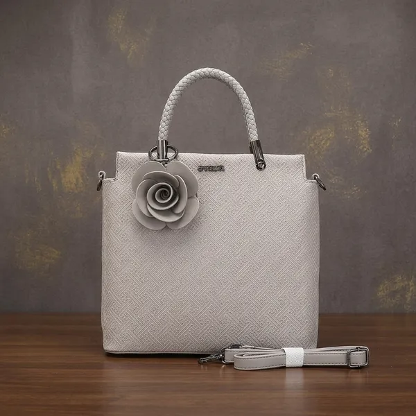 Grey_Textured_Structured_Handbag_with_Floral_Charm
