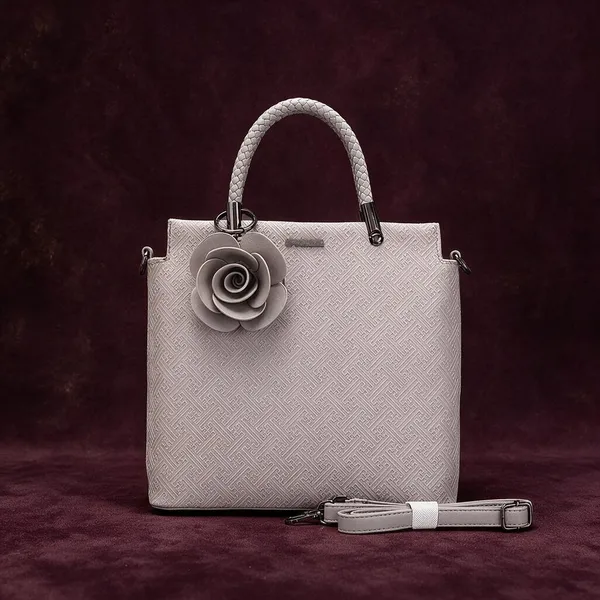 Grey_Textured_Structured_Handbag_with_Floral_Charm