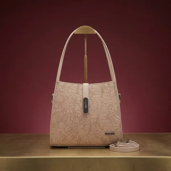 Beige_Embossed_Floral_Shoulder_Bag_with_Detachable_Strap