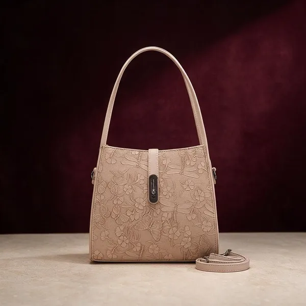Beige_Embossed_Floral_Shoulder_Bag_with_Detachable_Strap