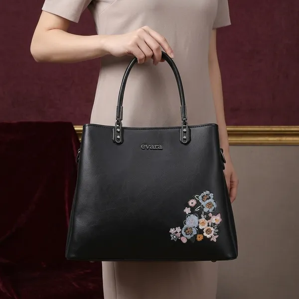 Black_Faux_Leather_Floral_Embellished_Tote_Bag_for_Women