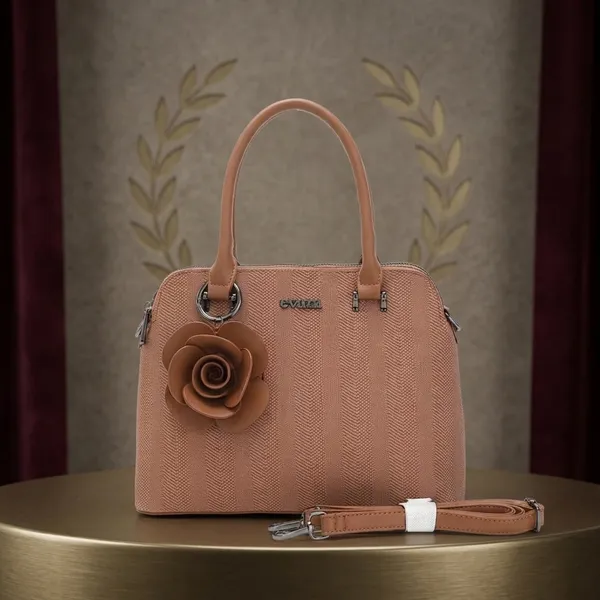 Brown_Textured_Dome_Satchel_Handbag_with_Floral_Accent