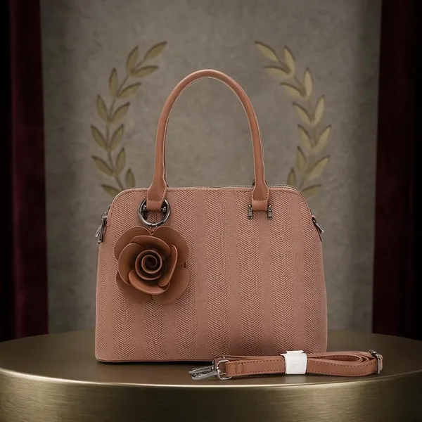 Brown_Textured_Dome_Satchel_Handbag_with_Floral_Accent